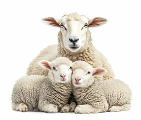 Obraz premium Charming Portrait of a Mother Sheep and Her Adorable Lambs on a Pristine White Background, highlighting family, innocence, and the beauty of animal motherhood