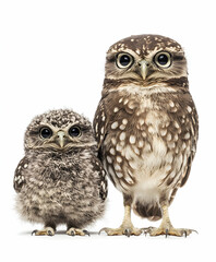 Fototapeta premium Charming portrait of a mother owl with her fluffy owlet, standing side by side against a pristine white backdrop, showcasing their distinctive features and endearing presence