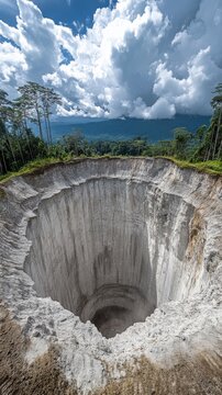 A Stunning View of a Massive, Circular Sinkhole Surrounded by Lush Green Forest and Dramatic Cloudy Sky in a Mountainous Region