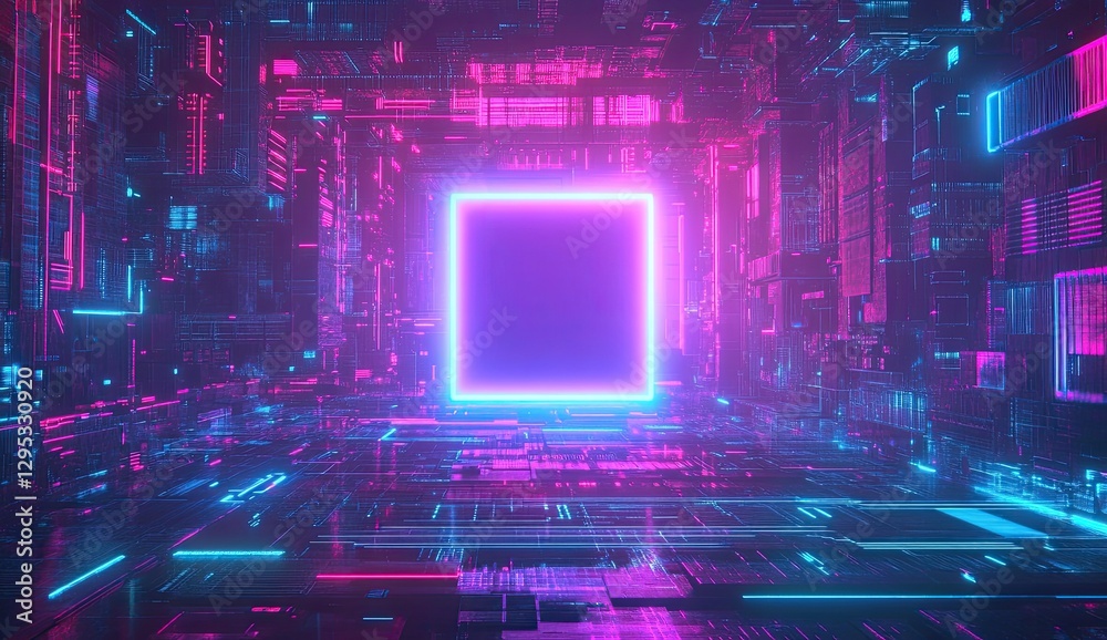Poster neon glowing square portal in futuristic tech space