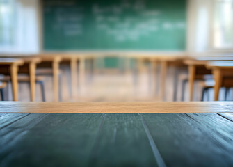 Classroom Surface and Background, A wooden table in focus with blurred desks and a blackboard creating a sense of learning and academic environment