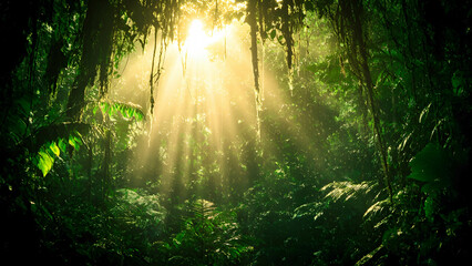 Obraz premium A dense, untouched rainforest with sunlight filtering through the canopy
