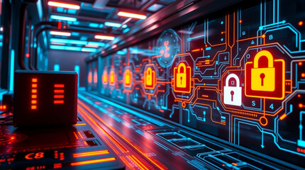High-tech cybersecurity concept with glowing firewalls and encryption symbols