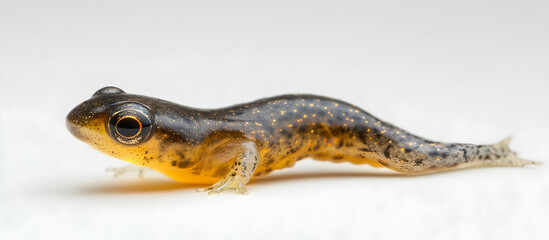 Naklejka premium Close-up of a Tiny Young Frog with Unique Markings on a White Background, Revealing Intricate Details and Delicate Features of this Amphibian in its Early Stage of Life