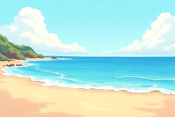 Beautiful Tropical Beach Scenery with Calm Ocean Waves and Lush Landscape
