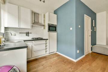 A sleek and contemporary kitchen showcasing white cabinetry, stainless steel appliances, and a minimalist aesthetic with light wood flooring.