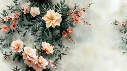 A romantic watercolor composition of gardenias and fern fronds, designed with minimalist elegance on a textured off-white backdrop, with soft, subtle color washes and precise detailing.