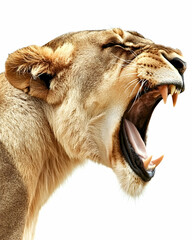 Close-up of a Majestic Lioness Yawning Widely on White Background, showcasing power, strength, and feline grace in striking detail, its ferocity is evident