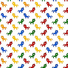 Colorful repeating pattern of simple cartoon horses.