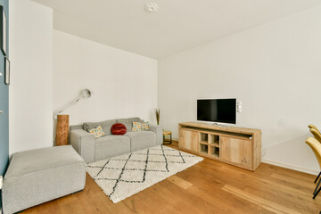 Contemporary living room featuring minimalist furniture, a stylish television unit, and a cozy atmosphere, ideal for relaxation and entertainment.