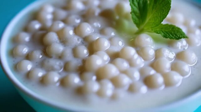 Close-up of tapioca pearls in coconut milk with a sprig of mint, minimalist composition, soft pastel tones, refreshing and creamy texture
