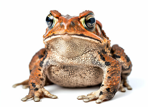 Close-up portrait of a cane toad, showcasing its distinctive textured skin, prominent parotoid glands, and golden irises against a pristine white background