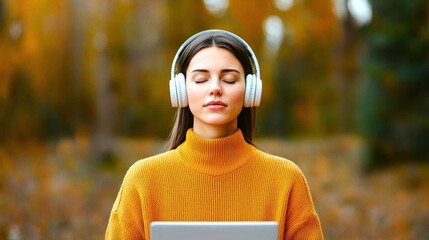 Remote work and digital nomad concept. Freelancer with headphones, deeply focused on work in a quiet forest retreat