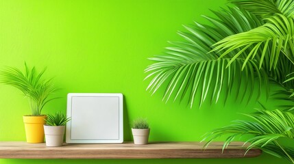 A digital tablet with a white screen mockup and decor on a table against a green wall in a room.