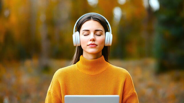 Remote work and digital nomad concept. Freelancer with headphones, deeply focused on work in a quiet forest retreat