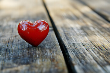 Fototapeta premium Close-up Shot of a Vibrant Red Heart Symbolizing Love and Affection, Resting Gently on a Rustic Wooden Surface, Evoking Feelings of Romance