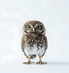 Obraz premium Close-Up Portrait of an Adorable Little Owl with Striking Yellow Eyes on a Seamless White Background, showcasing its Detailed Feathers and Curious Expression
