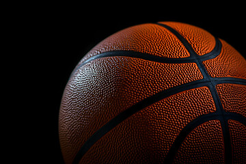Fototapeta premium Close-up shot of an orange basketball with black lines on a dark background, capturing the texture and details of the ball in a dramatic lighting