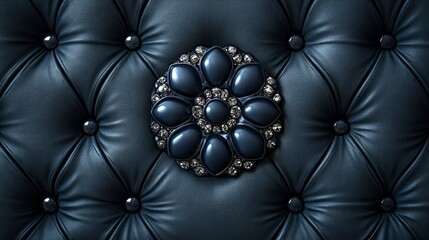 Obraz premium Elegant Dark Blue Leather Upholstery with Ornate Jewel-Encrusted Flower Detail