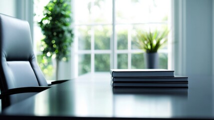 Executive departures with a stack of business books on an office desk. Featuring leadership development and transition
