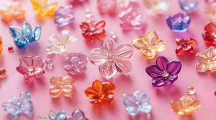 Colorful Acrylic Flower Embellishments on Pink Background, A Delicate and Playful Arrangement for Arts, Crafts, and Creative Projects