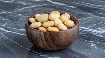 A wooden bowl filled with light brown, oval-shaped crackers. Perfect for food blogs, recipe websites, or packaging design.