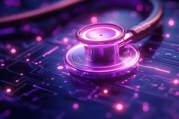 Modern stethoscope rests upon a futuristic glowing circuit board