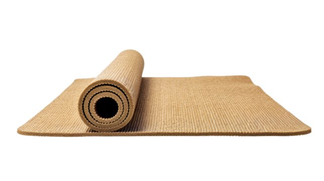 Rolled-up beige yoga or pilates mat on transparent background