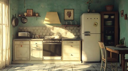 Sunlit vintage kitchen with rustic charm featuring retro appliances warm colors.