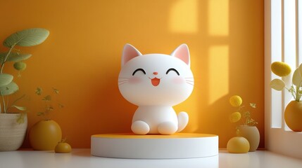 white podium in front orange studio background catoon