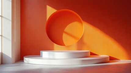 white podium in front orange studio background catoon