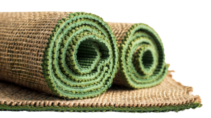 Rolled green exercise mat on burlap surface with transparent background