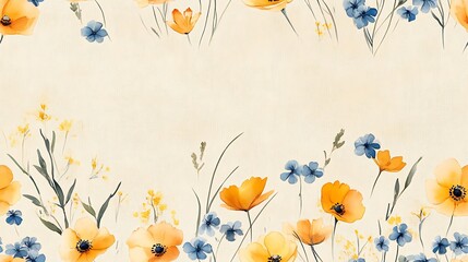 A soft watercolor artwork of wildflowers, featuring golden buttercups and delicate forget-me-nots, scattered gracefully on a textured cream linen canvas with fluid, airy brushstrokes.