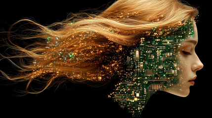 Profile of a woman merging with a glowing golden circuit board, representing a futuristic digital transformation.