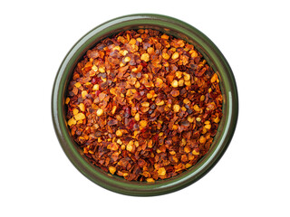 Close up spicy chili red pepper flakes, chopped, milled dry paprika pile in bowl isolated on white, top view