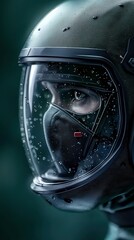 Intense gaze through futuristic helmet visor droplets cling to surface