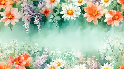 Fototapeta premium A vibrant watercolor painting of spring blossoms featuring cheerful daisies, elegant tulips, and fragrant lilacs, beautifully arranged on a pale mint canvas,