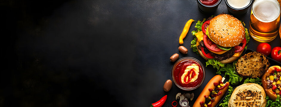 Delicious burger and hot dog feast with beer on a dark table, perfect for restaurant menu promotions and food blog header imagery. It's the ultimate comfort food