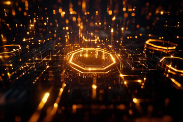 近未来の輝く六角形ネットワークとデジタル空間