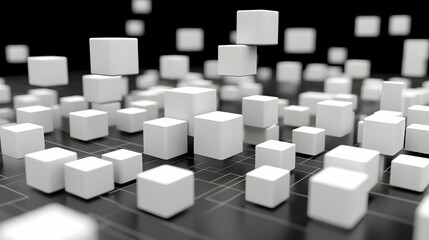 Abstract 3D rendering of white cubes forming a complex network, representing data, technology, or connectivity. Ideal for tech, business, and design concepts.