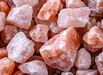 Detailed Close-Up Capturing the Texture and Shades of Pink Himalayan Salt Crystals, Presenting Their Natural Beauty and Unique Mineral Composition