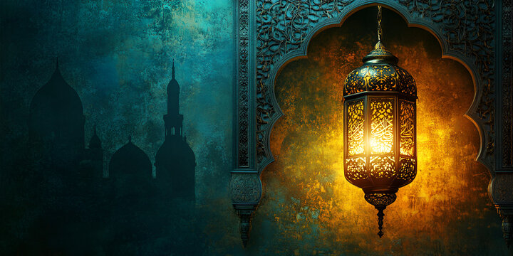 Islamic background, traditional decorations, vibrant festivities, Islamic calligraphy, crescent moon and stars, warm lighting, cultural attire