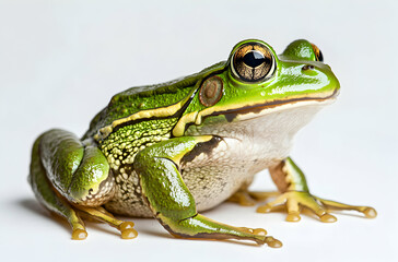 Fototapeta premium Detailed close-up of a vibrant green tree frog showcasing its intricate skin texture and captivating golden eyes, against a plain white backdrop in studio lighting