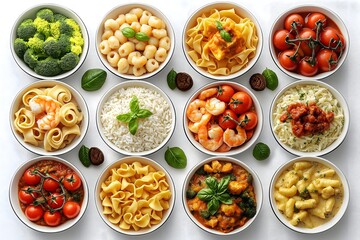 Healthy Italian Cuisine: Shrimp Pasta with Fresh Broccoli, Tomatoes, and Colorful Vegetables in Gourmet Bowls