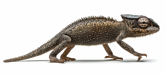 Naklejka premium Detailed Portrait of a Chameleon on a White Background, Showcasing its Unique Skin Texture and Distinctive Features in High Resolution, Eye-Catching