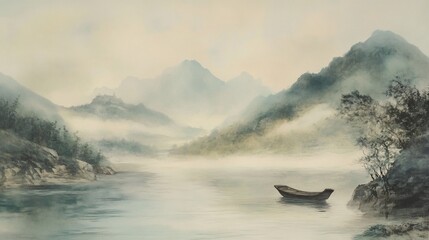 Misty mountain landscape with a calm lake and a small boat in the foreground view