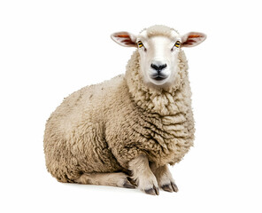 Fototapeta premium Detailed portrait of a fluffy sheep in a resting position against a stark white backdrop, showcasing its soft wool and gentle demeanor, a serene farm animal.