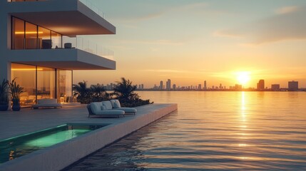Fototapeta premium Modern waterfront home with pool at sunset