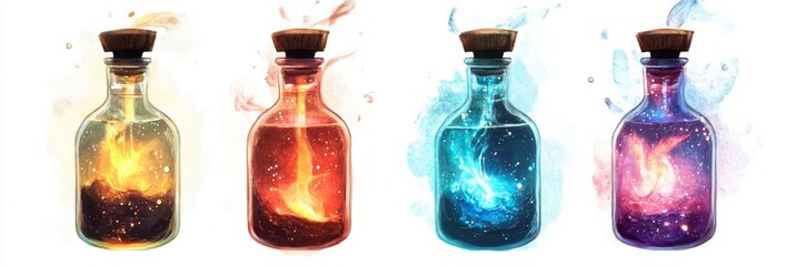 Four magic bottles with different elements