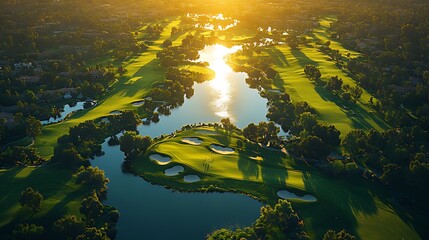 Aerial sunrise golf course, tranquil waters, luxury homes